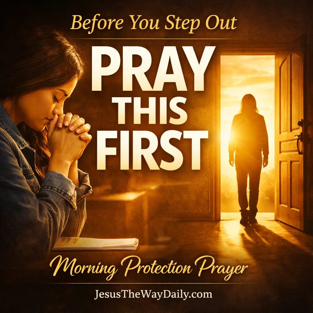 Morning prayer before leaving house for protection with woman praying by the door at sunrise