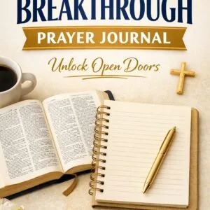 30-Day Breakthrough Prayer Journal printable PDF with Bible, journal, and gold pen on beige background.