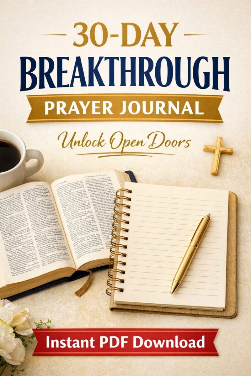 30-Day Breakthrough Prayer Journal printable PDF with Bible, journal, and gold pen on beige background.
