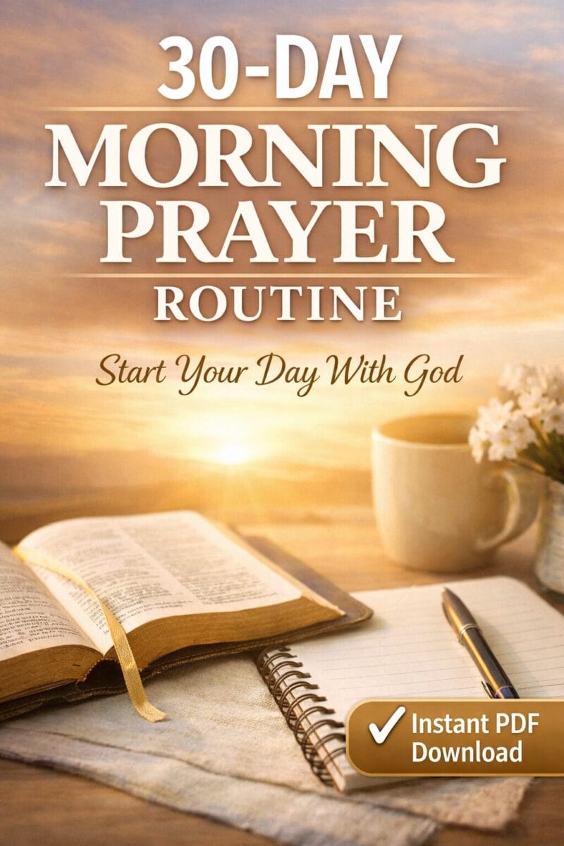 30-Day Morning Prayer Routine printable PDF featuring sunrise background with open Bible, journal, coffee cup, and “Instant PDF Download” badge.