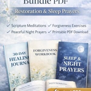 Christian Healing Bundle PDF featuring restoration journal, Scripture meditation pages, and night prayers for peaceful sleep with Instant PDF Download badge.