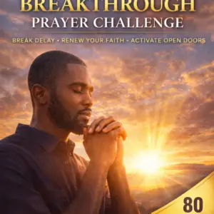 Cover of “7-Day Breakthrough Prayer Challenge” prayer guide and journal showing a man praying at sunrise with warm golden light, the subtitle “Break delay • Renew your faith • Activate open doors,” and an “80 page PDF” badge.