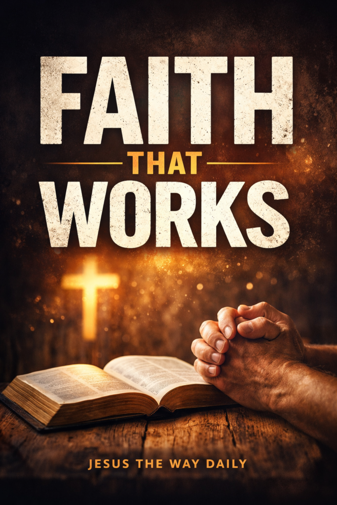 Faith that works Christian teaching thumbnail with open Bible, praying hands, glowing cross, and bold text representing James 2:17 and James 2:26 about living faith.”