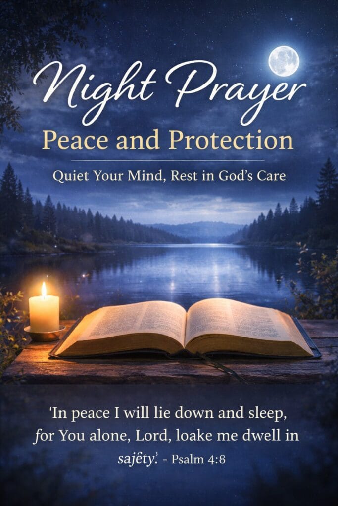 Night Prayer for Peace and Protection featured image with open Bible, candlelight, moonlit lake, and calming night sky