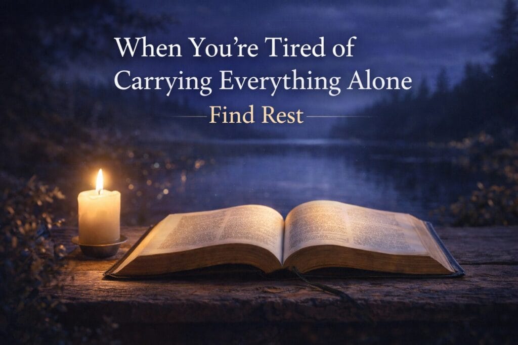 Devotional featured image showing an open Bible and candle at night, representing rest in Jesus for those tired of carrying everything alone