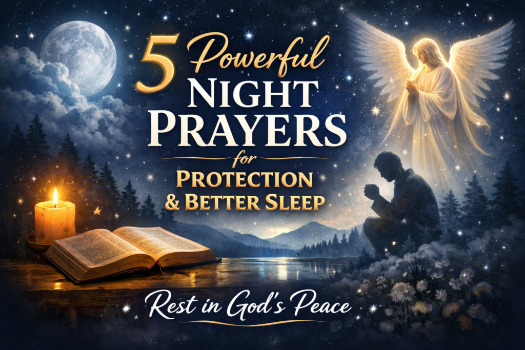 5 powerful night prayers for protection and better sleep with a peaceful Christian prayer scene under moonlight
