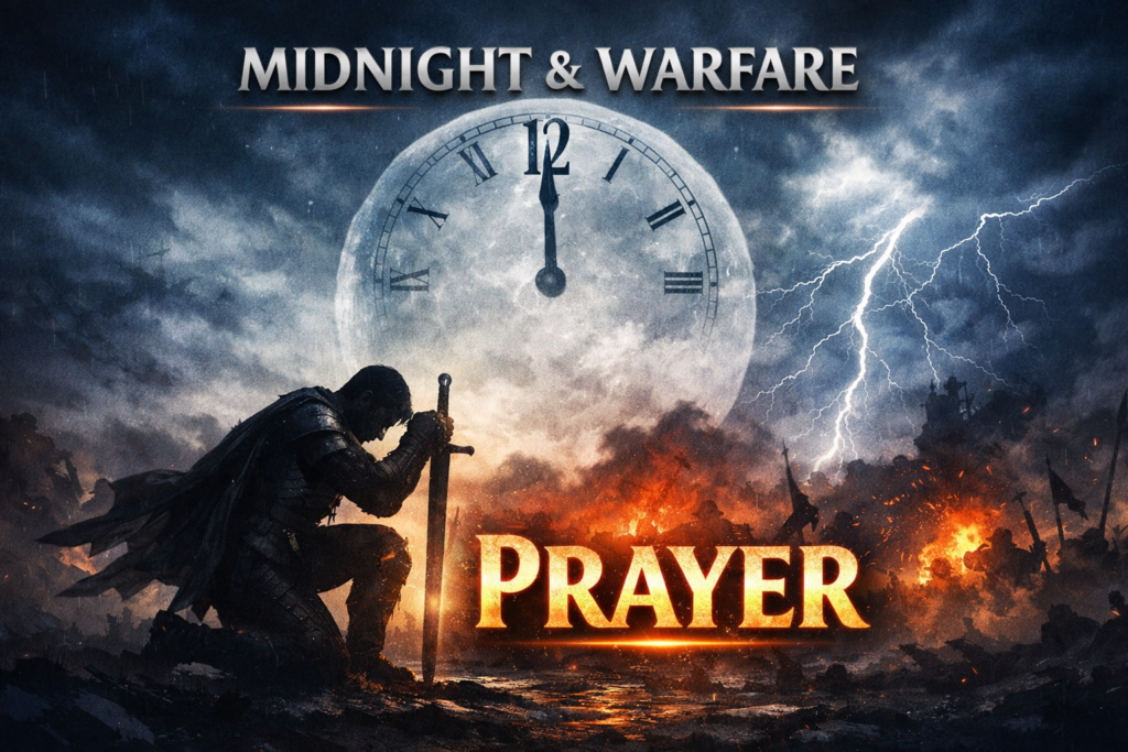 midnight warfare prayer image showing a praying warrior at midnight standing in spiritual battle under God’s power