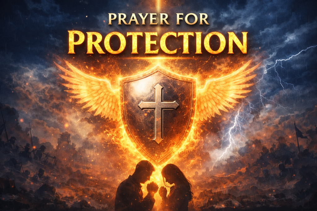 prayer for protection image showing a glowing shield with a cross and praying couple under God’s divine covering