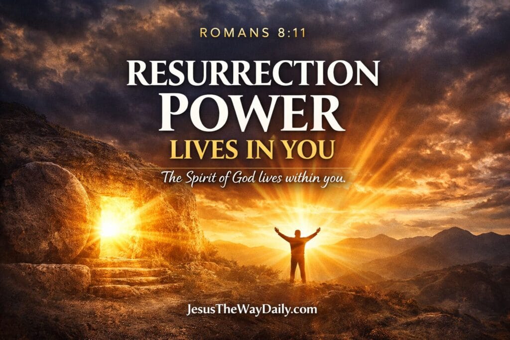 Resurrection power is living in you – Romans 8:11 sunrise image with empty tomb and person standing in victory, symbolizing the Holy Spirit’s power.
