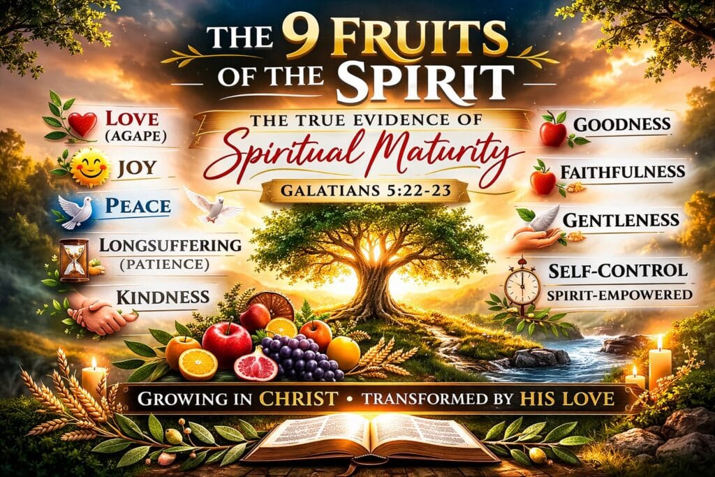 Nine fruits of the Spirit explained from Galatians 5:22 showing Christian spiritual growth and maturity in Christ