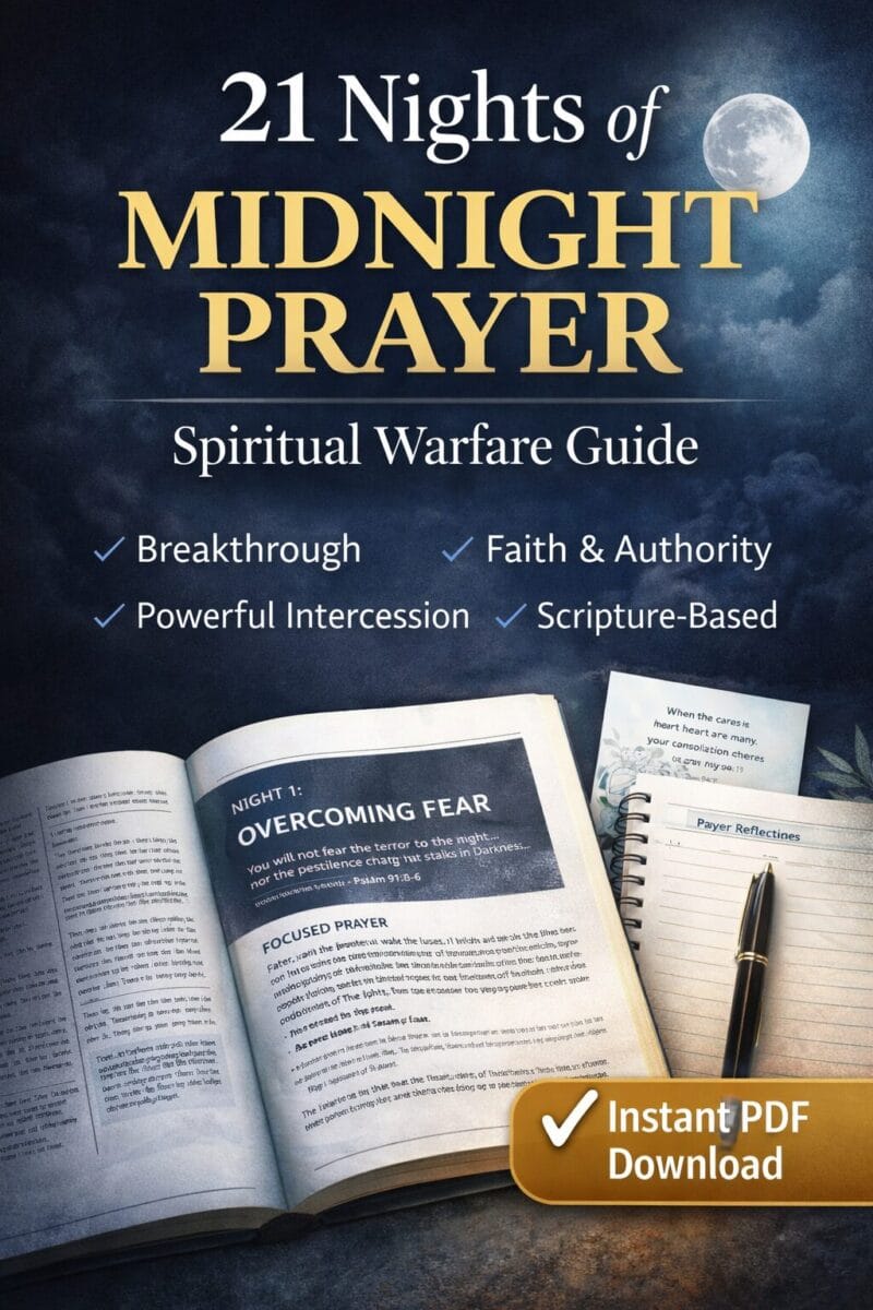21 Nights of Midnight Prayer PDF – Spiritual Warfare Guide with open prayer journal, moonlit night background, and Instant PDF Download badge.