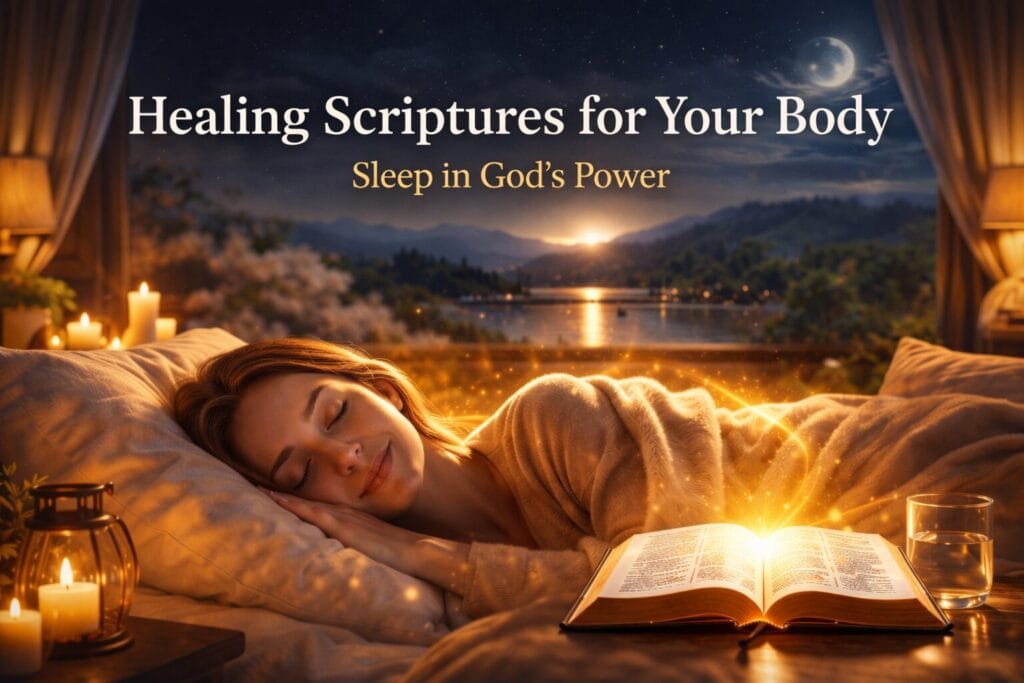 Healing scriptures for your body night prayer image with peaceful sleep and warm light
