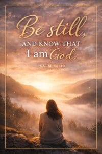 Christian devotional image with Matthew 11:28 scripture, showing a peaceful sunrise over a lake and a woman resting in God’s presence.