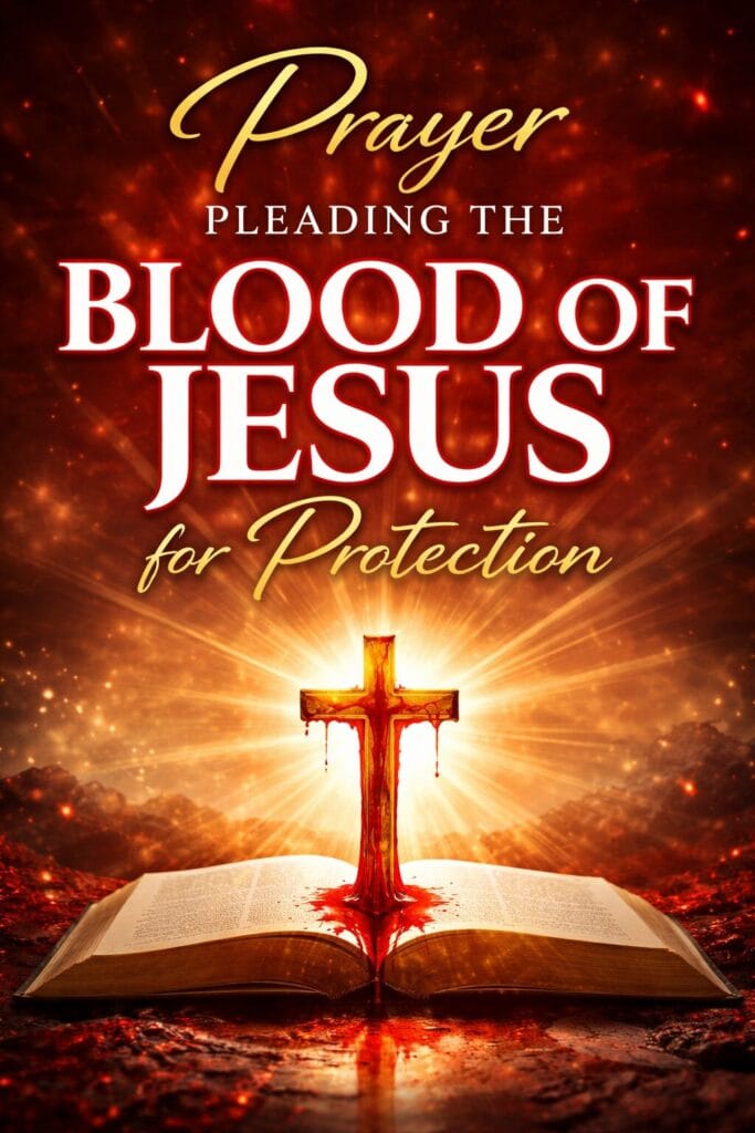 Prayer pleading the Blood of Jesus for protection with a glowing cross rising from an open Bible, symbolizing divine covering, deliverance, and spiritual warfare.