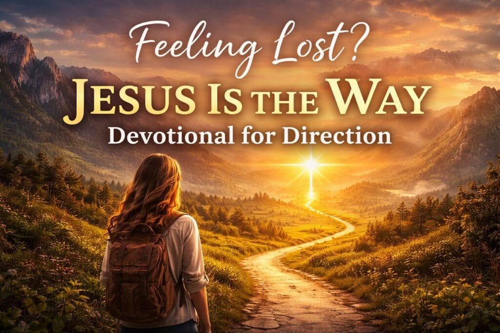 Jesus Is the Way devotional image showing a woman standing on a path toward a glowing cross at sunset, symbolizing direction and clarity in Christ