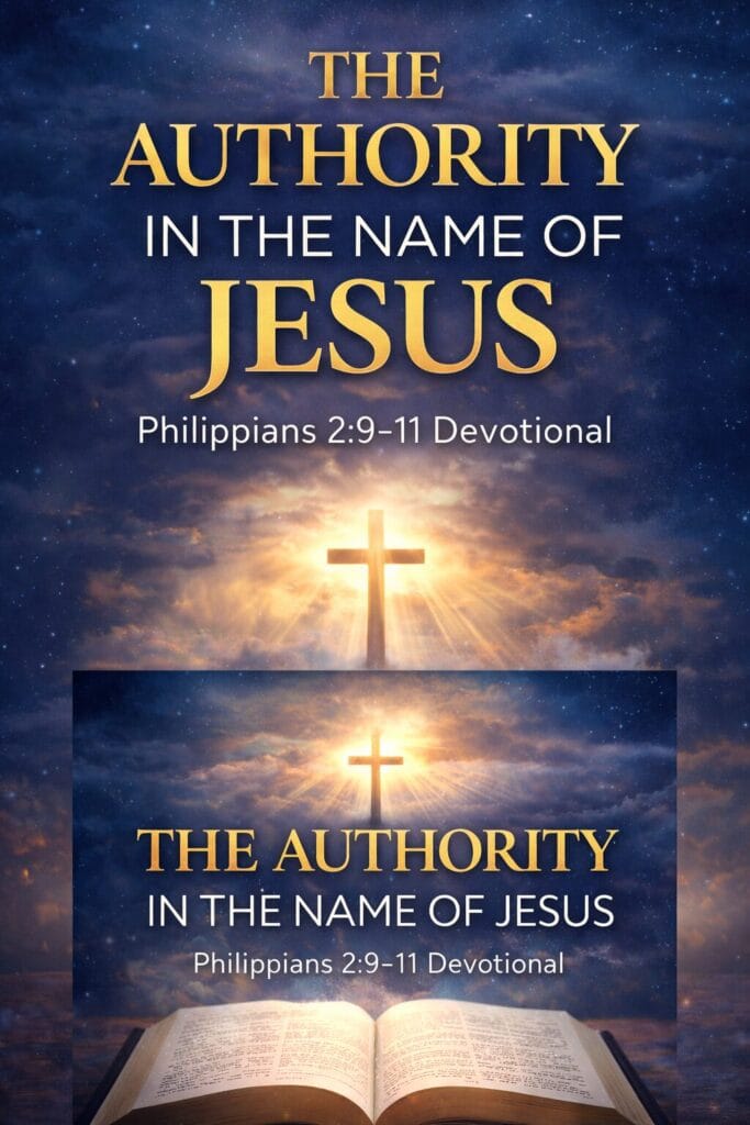 Authority in the name of Jesus devotional based on Philippians 2:9–11 with glowing cross and open Bible representing the power of Jesus Christ.