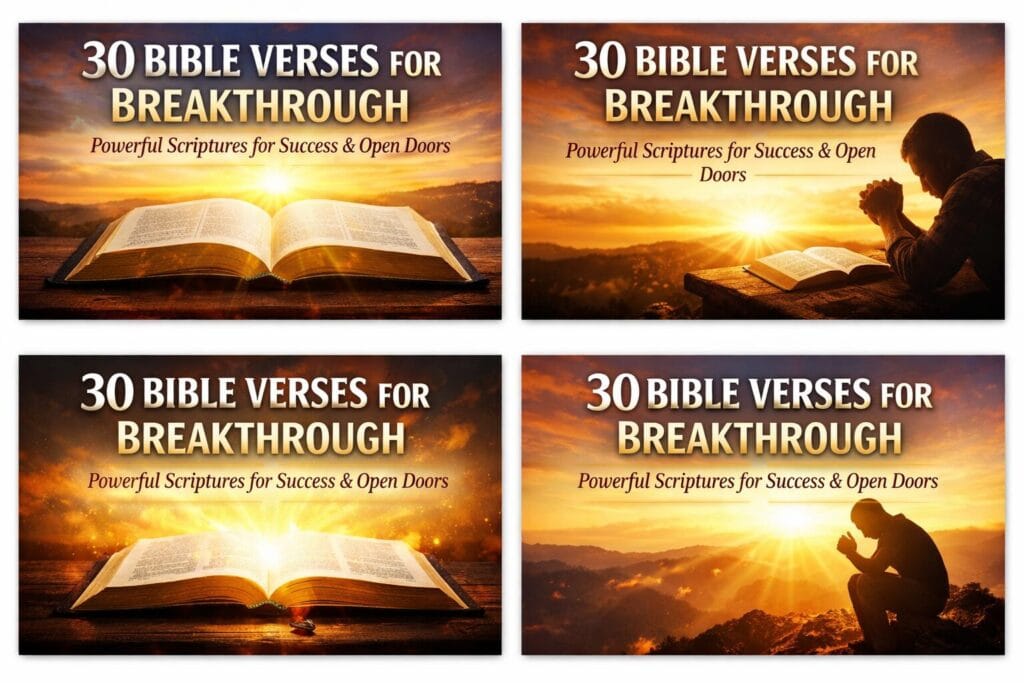 30 Bible verses for breakthrough and success with open Bible, sunrise light, and person praying for God’s guidance and open doors