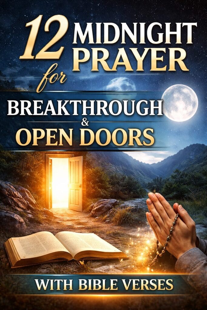 Midnight prayer for breakthrough and open doors Christian prayer image with open Bible and praying hands. Option 3
