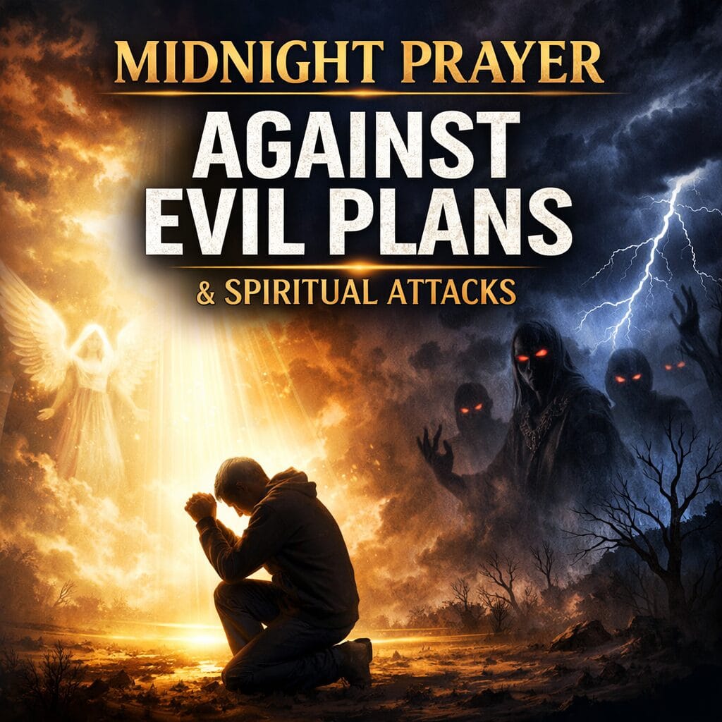 Midnight prayer against evil plans and spiritual attacks Christian image showing a person praying at night with divine light and protection from darkness