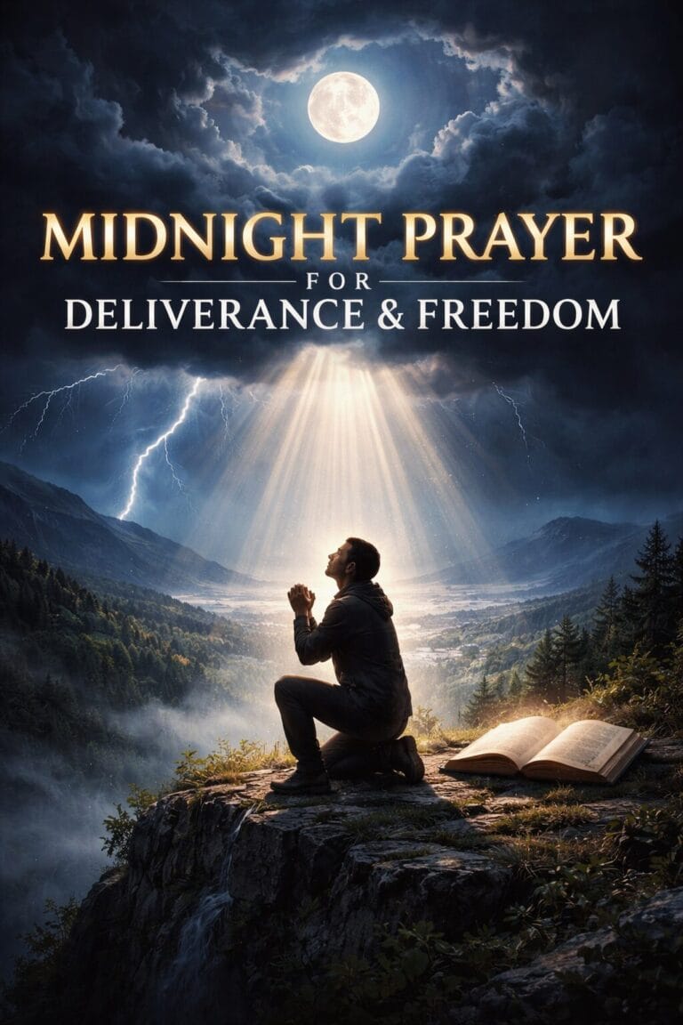 Midnight prayer for deliverance and freedom Christian image showing a person praying under the moon with divine light and open Bible