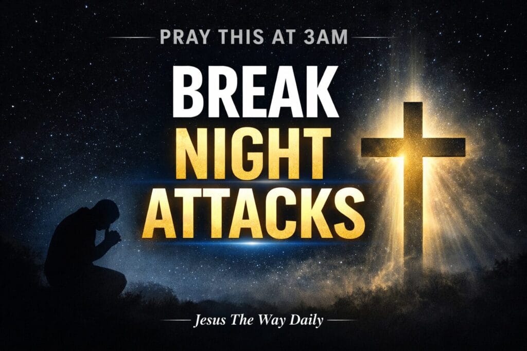 3AM prayer against night attacks with glowing cross and person praying at night for protection and spiritual warfare