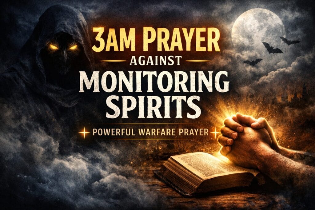 3AM prayer against monitoring spirits with glowing Bible, praying hands, and dark spiritual warfare background symbolizing protection and deliverance