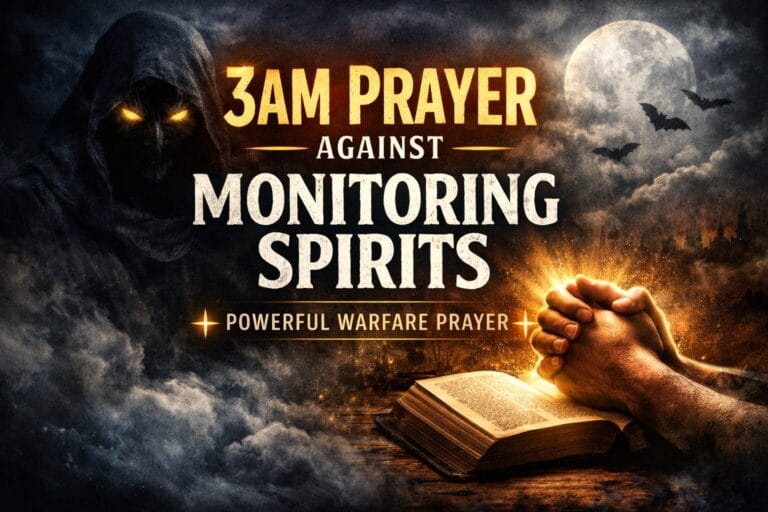 3AM prayer against monitoring spirits with glowing Bible, praying hands, and dark spiritual warfare background symbolizing protection and deliverance