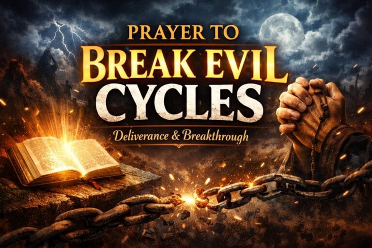 prayer to break evil cycles with broken chains, glowing Bible, and praying hands symbolizing deliverance, breakthrough, and spiritual freedom