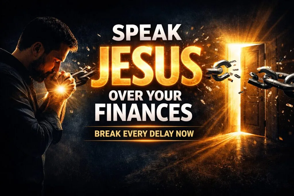 Speak Jesus over your finances and delay powerful breakthrough prayer image with man praying and chains breaking