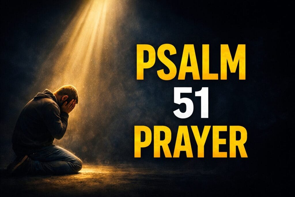Man kneeling in prayer under heavenly light with text “Psalm 51 Prayer” symbolizing a prayer for mercy, forgiveness, and a clean heart.