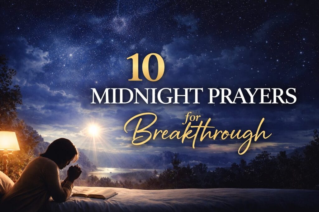 10 midnight prayers for breakthrough with person praying beside Bible under a night sky