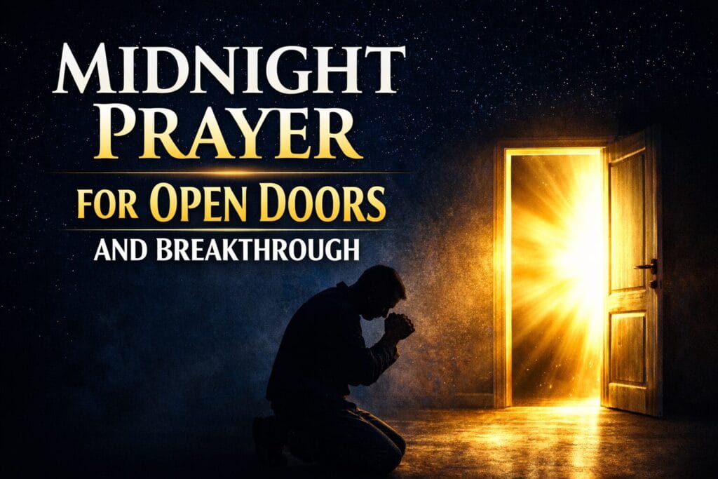 midnight prayer for open doors and breakthrough Christian praying with light shining through open door