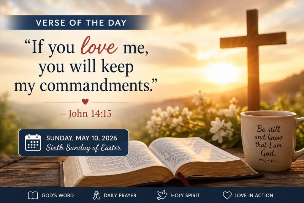 verse of the day john 14:15 devotional with Bible and cross
