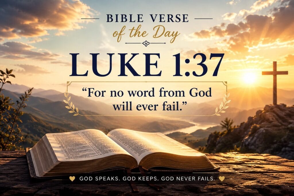 Luke 1:37 Verse of the Day Bible verse graphic with sunrise and open Bible