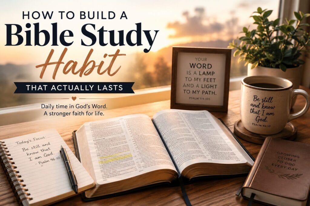 10 Ways to Build a Bible Study Habit Christian devotional graphic with open Bible and journal