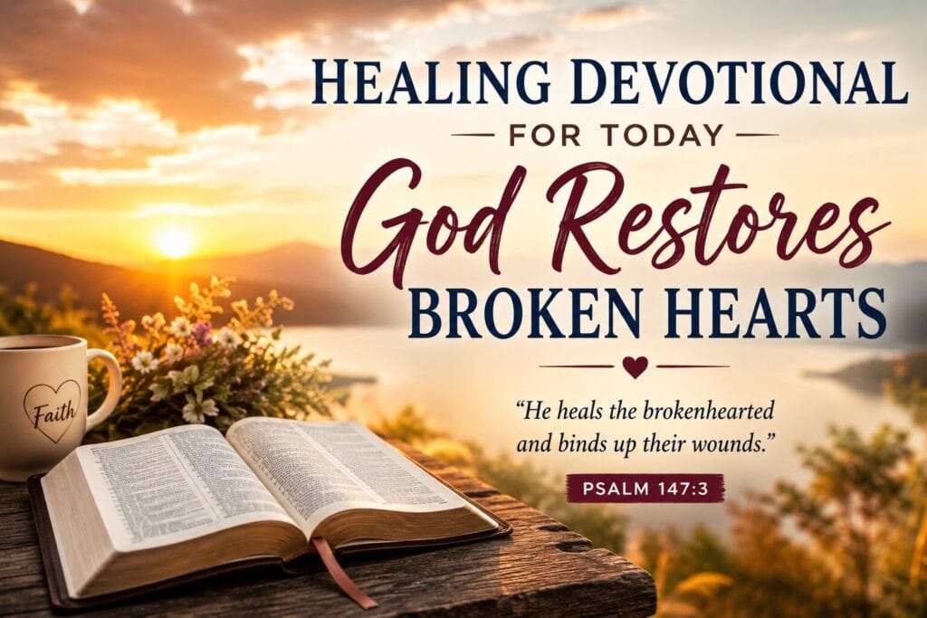 Healing Devotional for Today Christian feature image with open Bible, warm sunrise, flowers, coffee mug, and peaceful healing atmosphere.