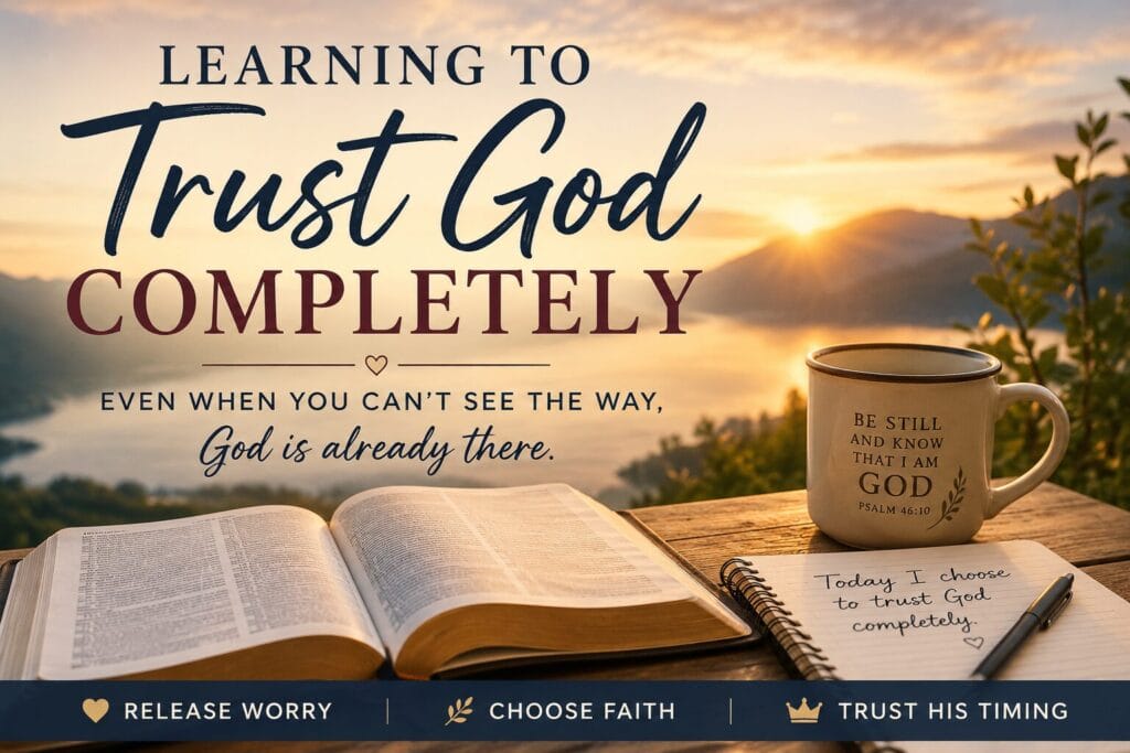 Learning to trust God completely daily devotional with Bible and peaceful sunrise background