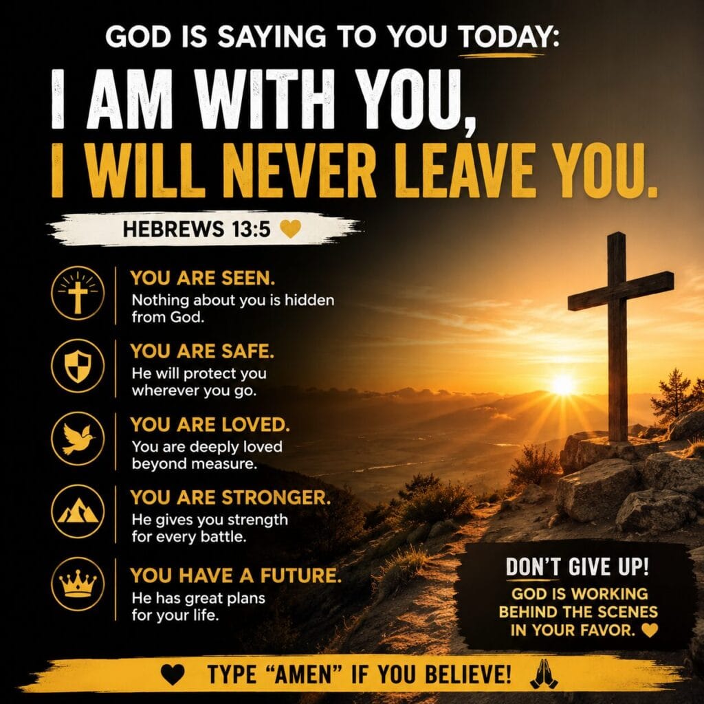 A peaceful Christian banner representing the God will never leave you verse for daily prayer